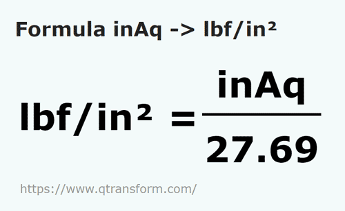 formula Pulgadas de columna de agua a Libras fuerza por pulgada cuadrada - inAq a lbf/in²