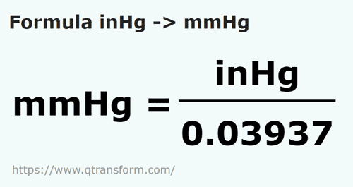 formule Pouces de mercure en Millimètres de mercure - inHg en mmHg