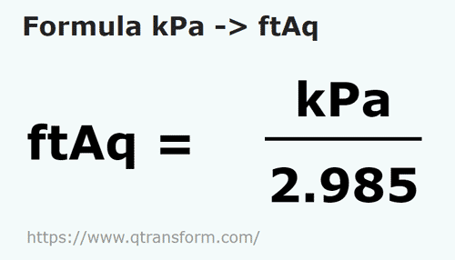 formula килопаскаль в фут на толщу воды - kPa в ftAq