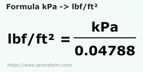 formula килопаскаль в фунт сила / квадратный фут - kPa в lbf/ft²