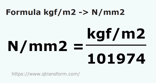 formula Kilogramos fuerza / metro cuadrado a Newtons pro milímetro cuadrado - kgf/m2 a N/mm2