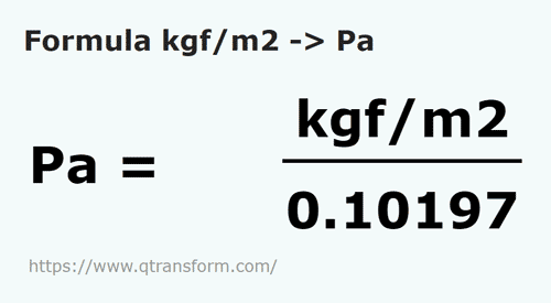 formule Kilogram kracht / vierkante meter naar Pascal - kgf/m2 naar Pa