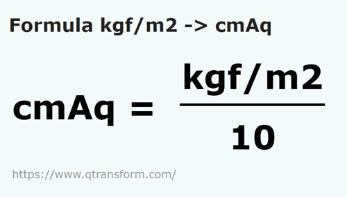 formula Chilogrammo forza / metro quadrato in Centimetri di colonna d'acqua - kgf/m2 in cmAq