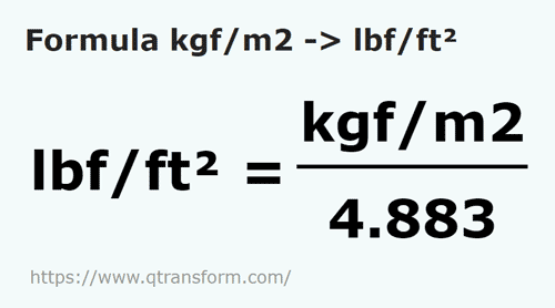 formula Kilogramos fuerza / metro cuadrado a Libra de fuerza / pie cuadrado - kgf/m2 a lbf/ft²