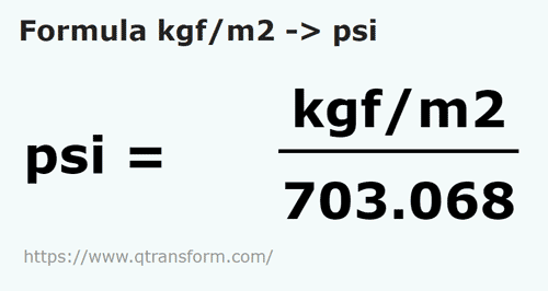formula Quilograma força/metro quadrado em Psi - kgf/m2 em psi