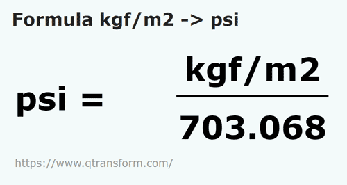 formula Kilogram daya / meter persegi kepada Psi - kgf/m2 kepada psi