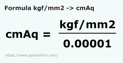 formule Kilogramkracht / vierkante millimeter naar Centimeter waterkolom - kgf/mm2 naar cmAq