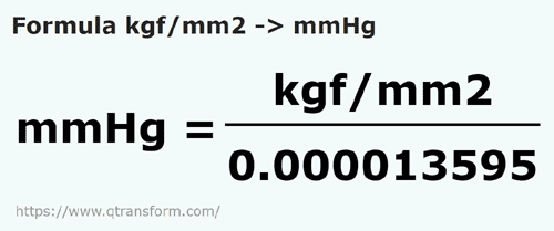 formula Quilograma de forca/milimetro quadrado em Colunas milimétrica de mercúrio - kgf/mm2 em mmHg