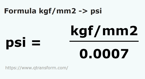 formula Kilograms force/square millimeter to Psi - kgf/mm2 to psi