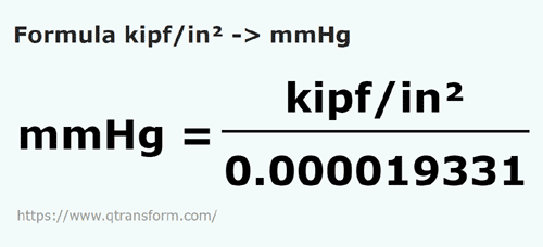 formula Kip forza / pollice quadrato in Colonna millimetrica di mercurio - kipf/in² in mmHg