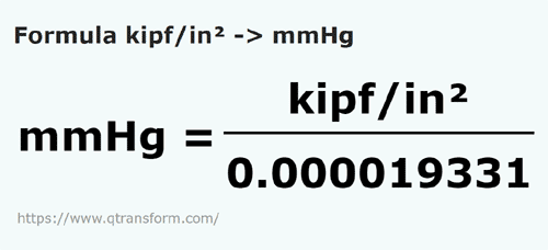 formula Kip força/polegada quadrada em Colunas milimétrica de mercúrio - kipf/in² em mmHg