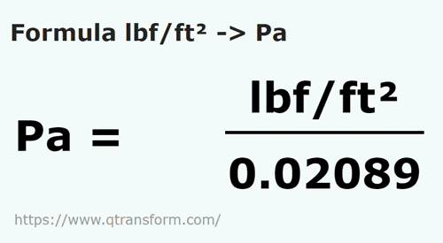formula Libra de fuerza / pie cuadrado a Pascals - lbf/ft² a Pa