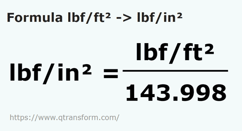 formule Pondkracht / vierkante voet naar Pondkracht / vierkante inch - lbf/ft² naar lbf/in²