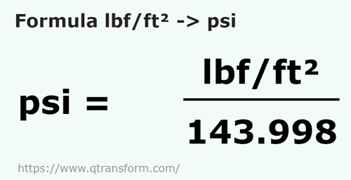 umrechnungsformel Pfundkraft / Quadratfuß in Psi - lbf/ft² in psi