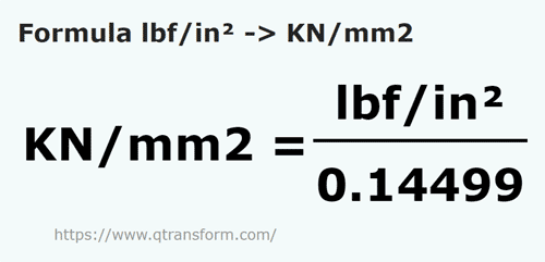 formula Libras fuerza por pulgada cuadrada a Kilonewtons pro metro cuadrado - lbf/in² a KN/mm2
