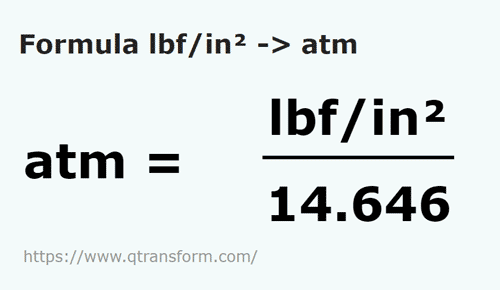 formula фунт сила / квадратный дюйм в атмосфера - lbf/in² в atm