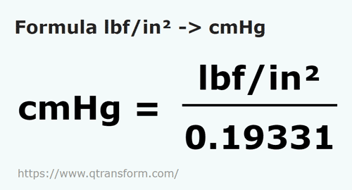 formula Libra forte/polegada patrat em Centímetros coluna de mercúrio - lbf/in² em cmHg