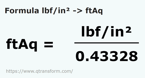 formule Livres force par pouce carré en Pied de la colonne d'eau - lbf/in² en ftAq