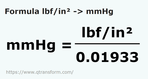 umrechnungsformel Pfundkraft pro Quadratzoll in Millimeter Quecksilbersäule - lbf/in² in mmHg