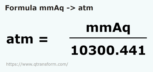 formula Millimetri di colonna d'acqua in Atmosferi - mmAq in atm