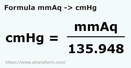 formula Millimetri di colonna d'acqua in Centimetri colonna d'mercurio - mmAq in cmHg