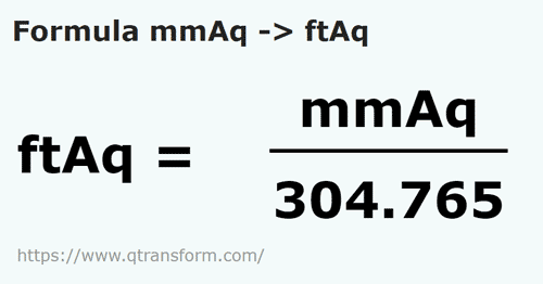 formula миллиметр водяного столба в фут на толщу воды - mmAq в ftAq