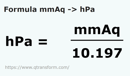formula Milímetros de columna de agua a Hectopascals - mmAq a hPa