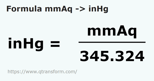 formula Colunas de água milimétrica em Polegadas de mercúrio - mmAq em inHg
