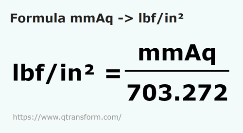 formula Milímetros de columna de agua a Libras fuerza por pulgada cuadrada - mmAq a lbf/in²