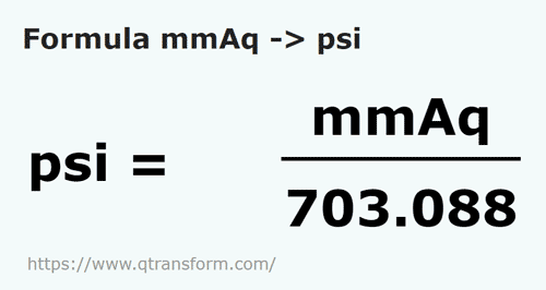 formula миллиметр водяного столба в Psi - mmAq в psi