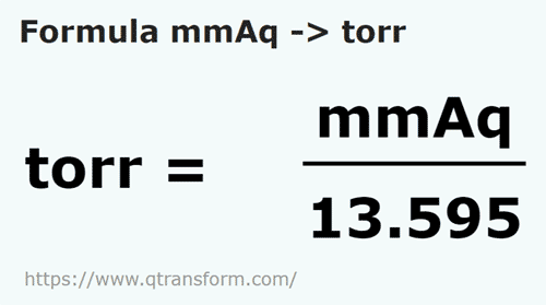 formula миллиметр водяного столба в Торр - mmAq в torr