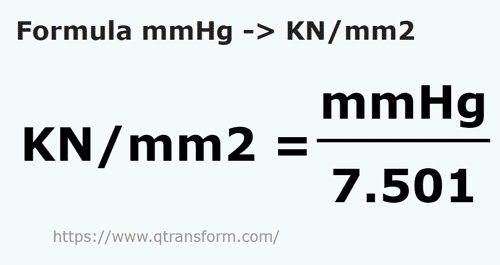 formula миллиметровый столб ртутного с в килоньютон/квадратный метр - mmHg в KN/mm2
