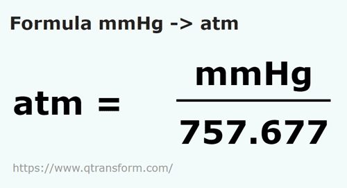 formula Colunas milimétrica de mercúrio em Atmosferas - mmHg em atm