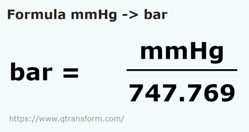 formula Millimeters mercury to Bars - mmHg to bar