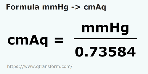 formula Colunas milimétrica de mercúrio em Centímetros de coluna de água - mmHg em cmAq