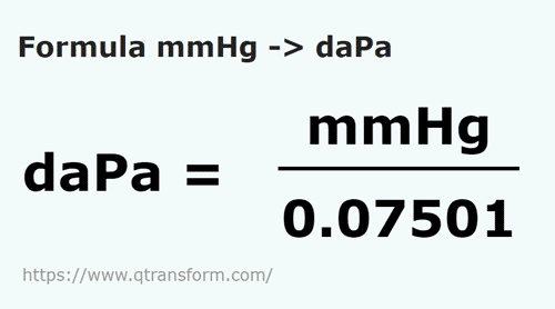formula Millimeters mercury to Decapascals - mmHg to daPa