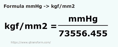 umrechnungsformel Millimeter Quecksilbersäule in Kilogrammkraft / Quadratmillimeter - mmHg in kgf/mm2