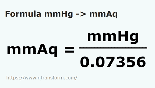 formula Milimetrow słupa rtęci na Milimetrow słupa wody - mmHg na mmAq