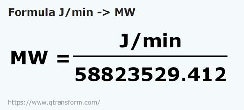 umrechnungsformel Joule pro Minute in Megawatt - J/min in MW