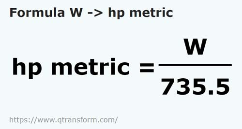 umrechnungsformel Watt in Metrische pferdestärken - W in hp metric