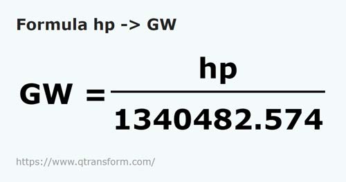 formula Koń mechaniczny na Gigawaty - hp na GW