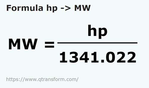 formula Лошадиные силы в мегаватт - hp в MW