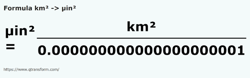 formula Kilometrów kwadratowych na Mikrocale kwadratowe - km² na µin²