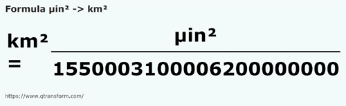 formula Mikrocale kwadratowe na Kilometrów kwadratowych - µin² na km²