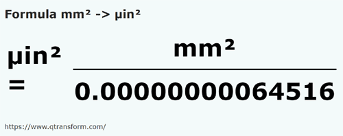 formule Vierkante millimeter naar Vierkante microinch - mm² naar µin²