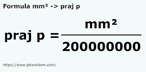 formule Vierkante millimeter naar Prăjini pogonesti - mm² naar praj p