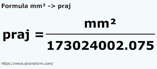 formula квадратный миллиметр в челюстной стержень - mm² в praj