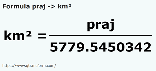 formula Prăjină fălcească em Quilómetros quadrados - praj em km²