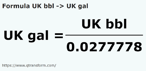 formula Baryłka brytyjska na Galony brytyjskie - UK bbl na UK gal