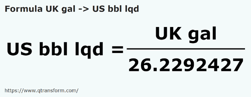 umrechnungsformel Britische gallonen in Amerikanische barrel (flüssig) - UK gal in US bbl lqd